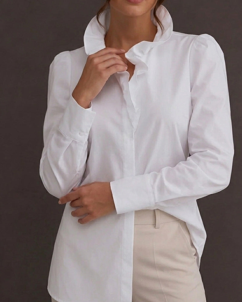 100% Cotton Ruffle Trim Long Sleeve Puff Sleeve Blouse