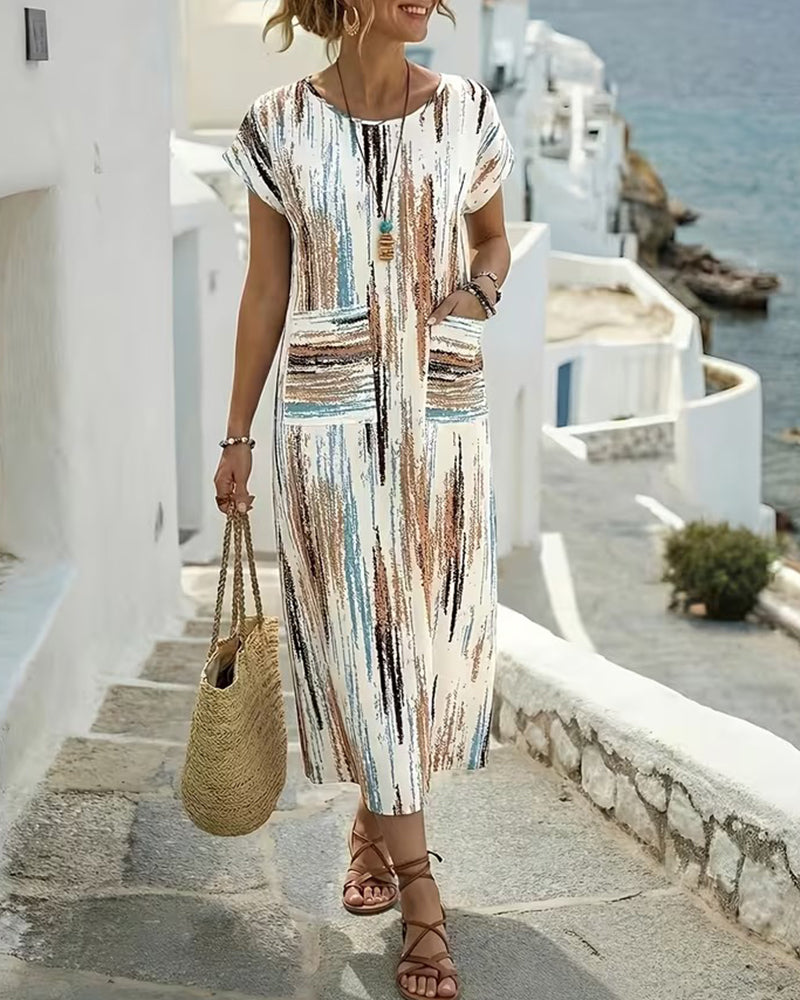 Crew Neck Vertical Stripe Print Dress