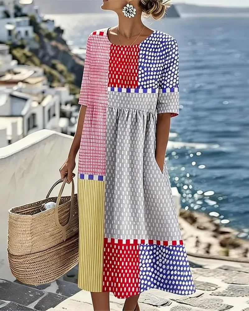 Color Block Geometric Polka Dot Dress