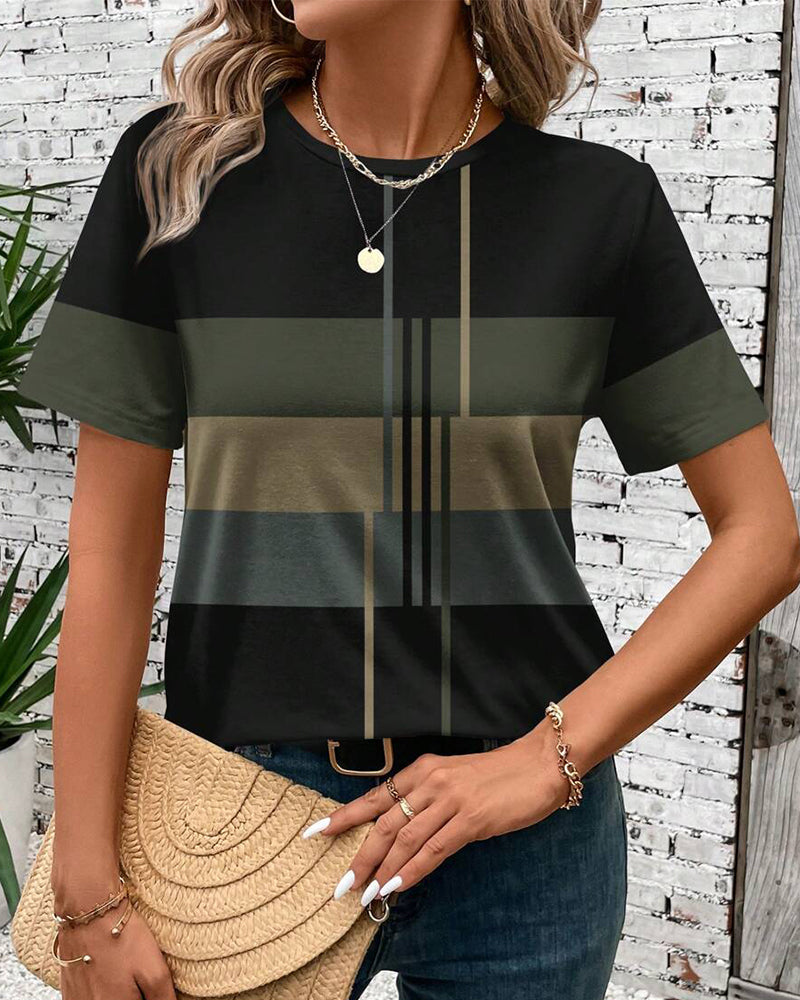 Round Neck Geometric Print Short Sleeve T-Shirt