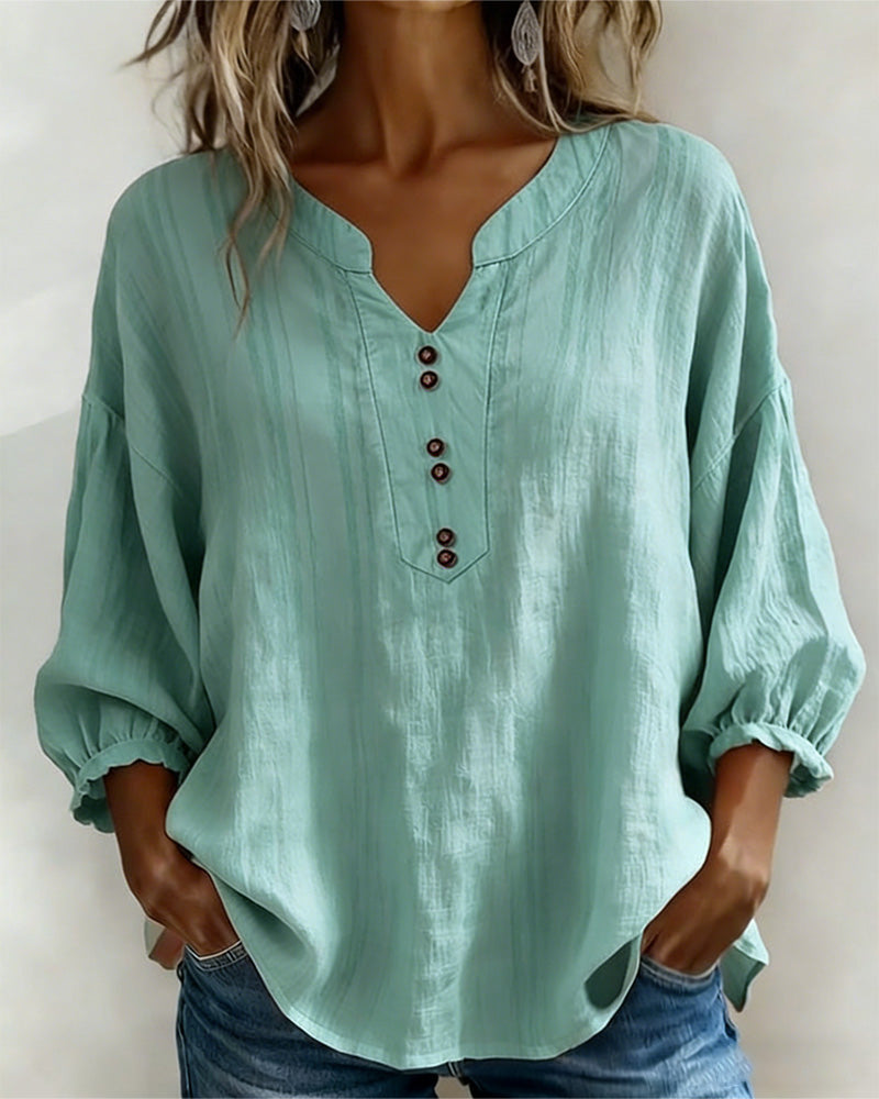 Small V-Neck Lantern Sleeve Loose Blouse