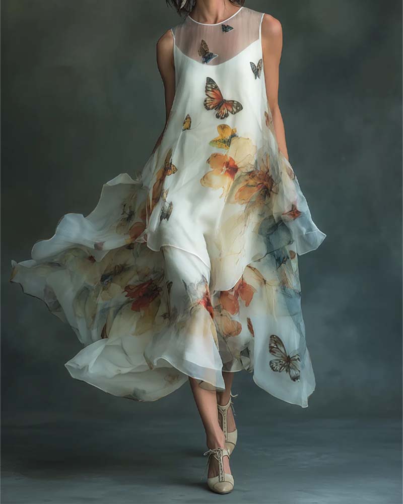 Sleeveless Butterfly Print Dress