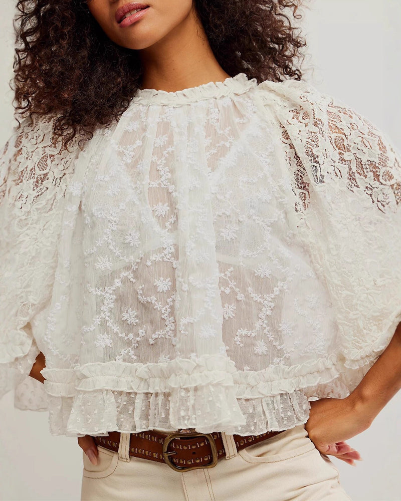 Lace Hollow-Out Ruffle Sleeve Sun Protection Blouses
