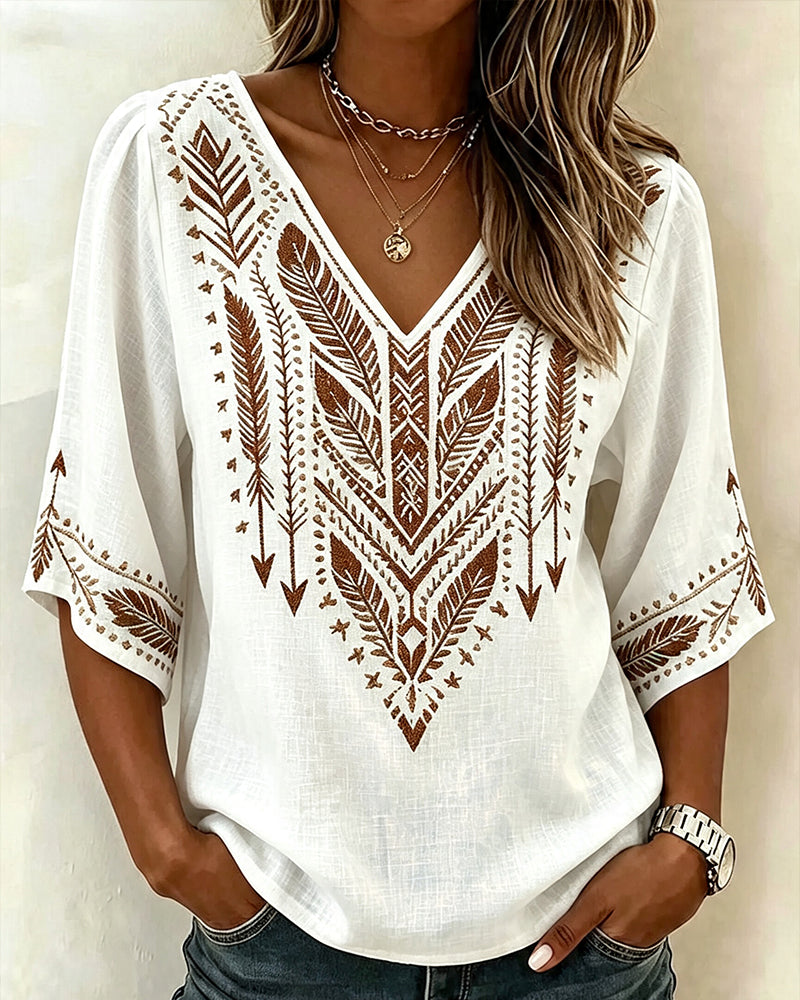 V-Neck Ethnic-Print Loose Blouse