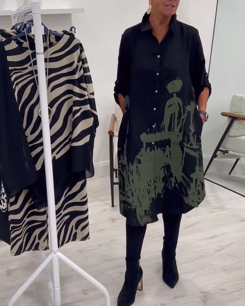 Contrast print lapel button casual dress