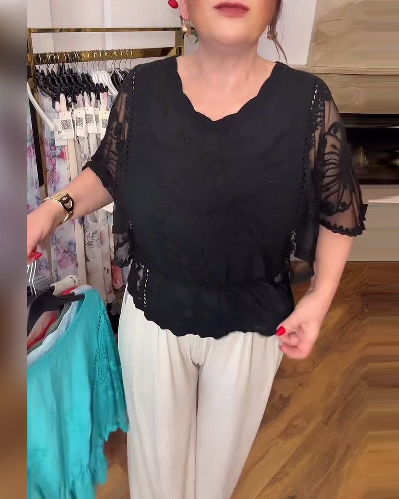 Batwing Sleeve Mesh Panel Blouse