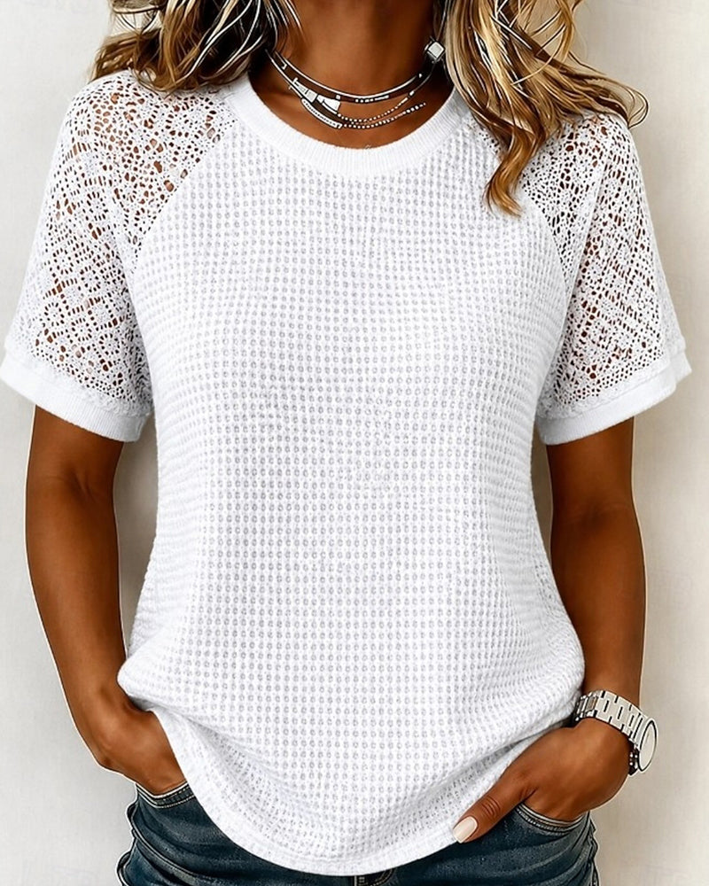 Crewneck Waffle Lace Patchwork T-Shirts