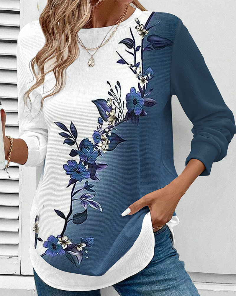 Crew Neck Colorblock Floral Print Top