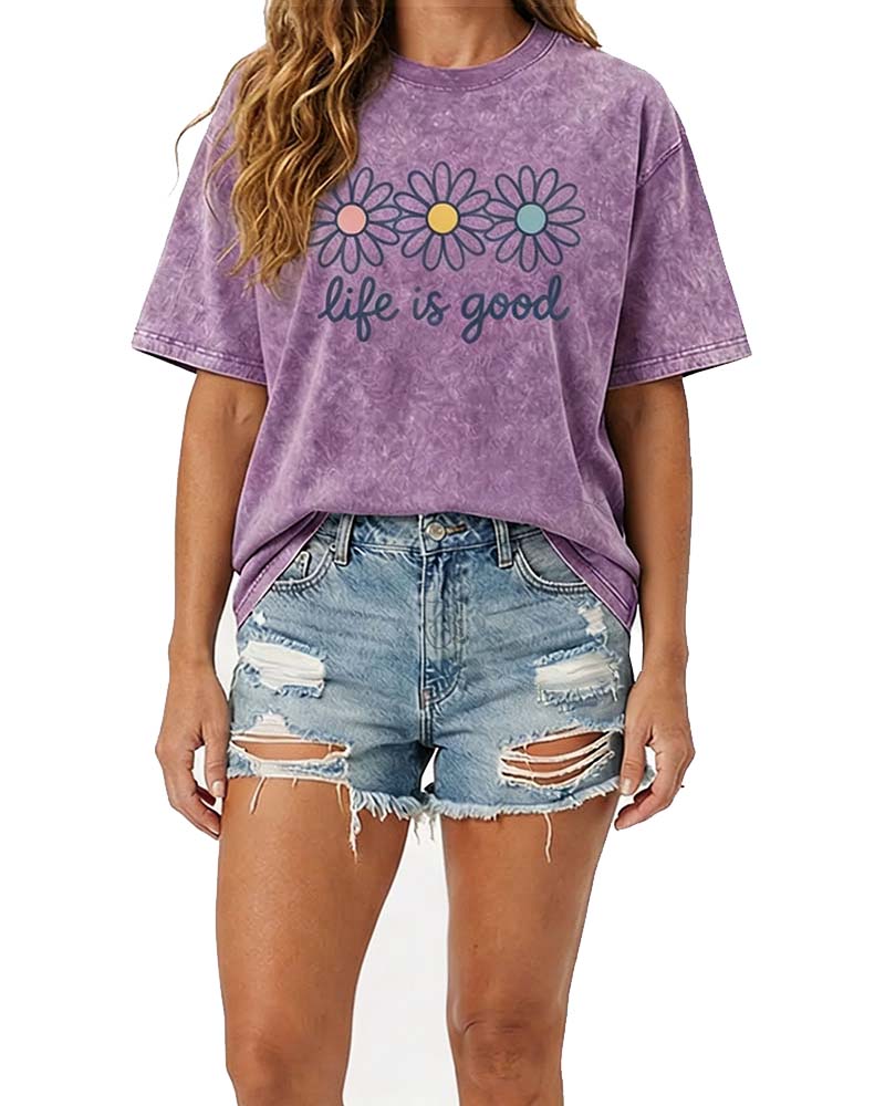 Daisy Print Casual Distressed T-Shirt