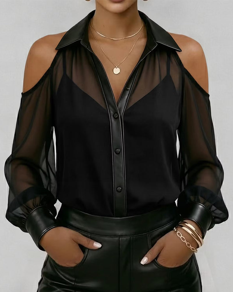 Lapel Button-Down Cold Shoulder Tulle Top