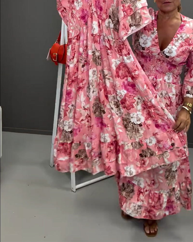 Deep V Double Layer Ruffle Floral Dress