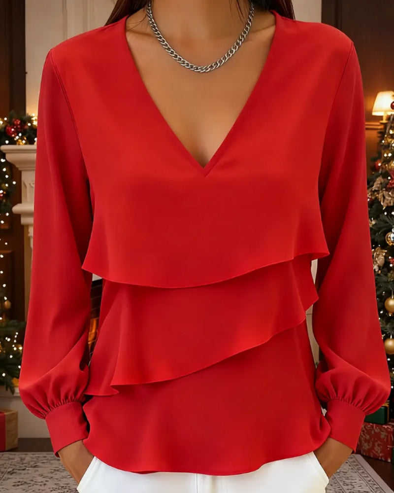 Double-Layered V-Neck Cake Blouse
