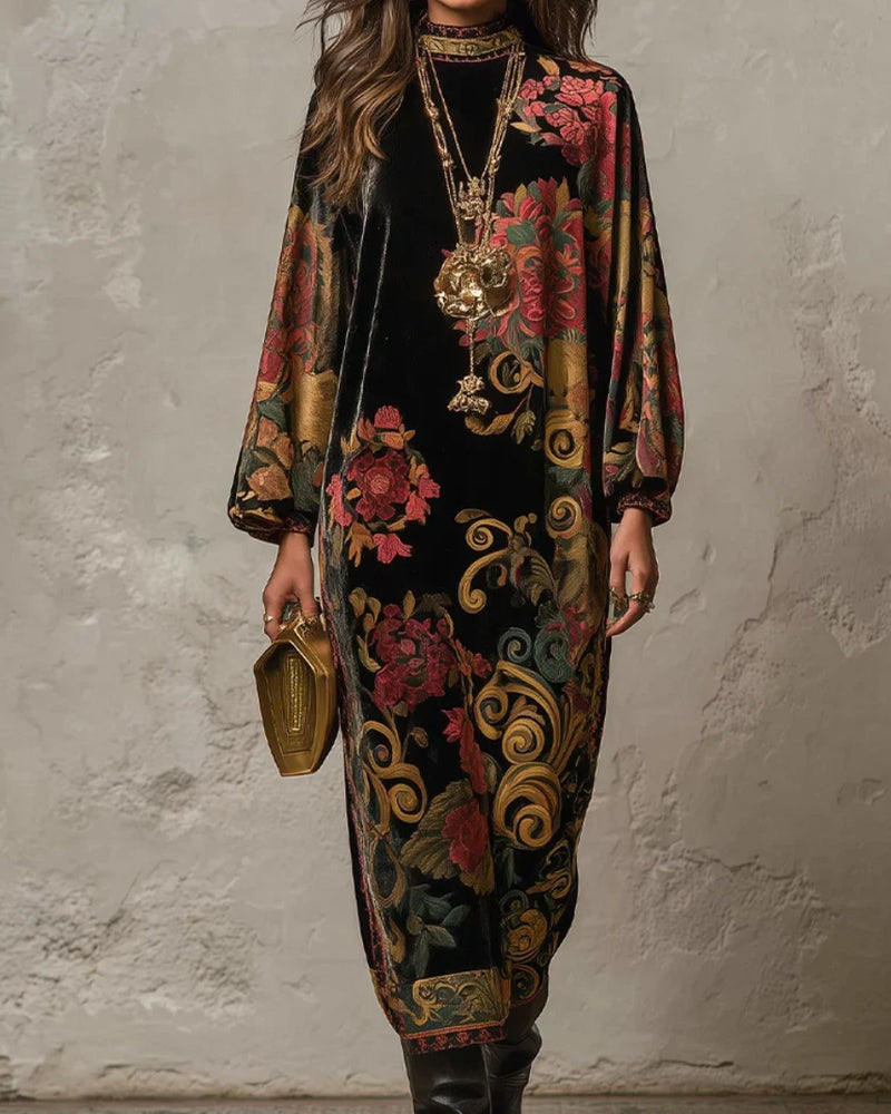 Mock-Neck Floral Velvet Long-Sleeve Maxi Dress