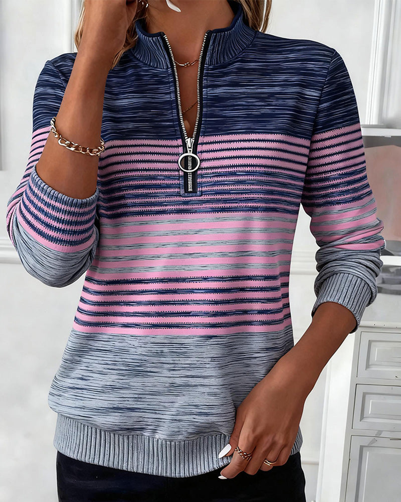 Half Zip Collar Striped Sweatshirt