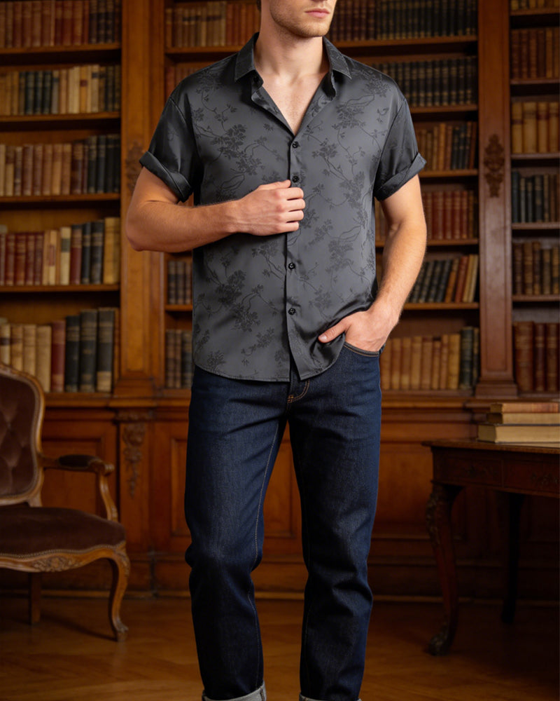 Men's Subtle Floral Print Turn-Down Collar Short Sleeve Shirt