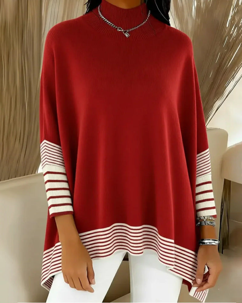 High-Neck Striped Color-Blocked Pullover