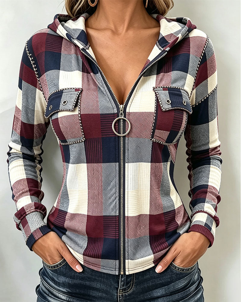 Hooded Zip Plaid Coat