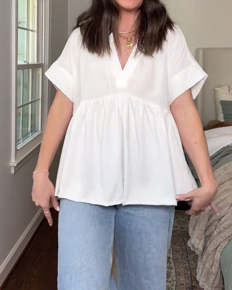 V-Neck Loose Solid Color Doll Blouses