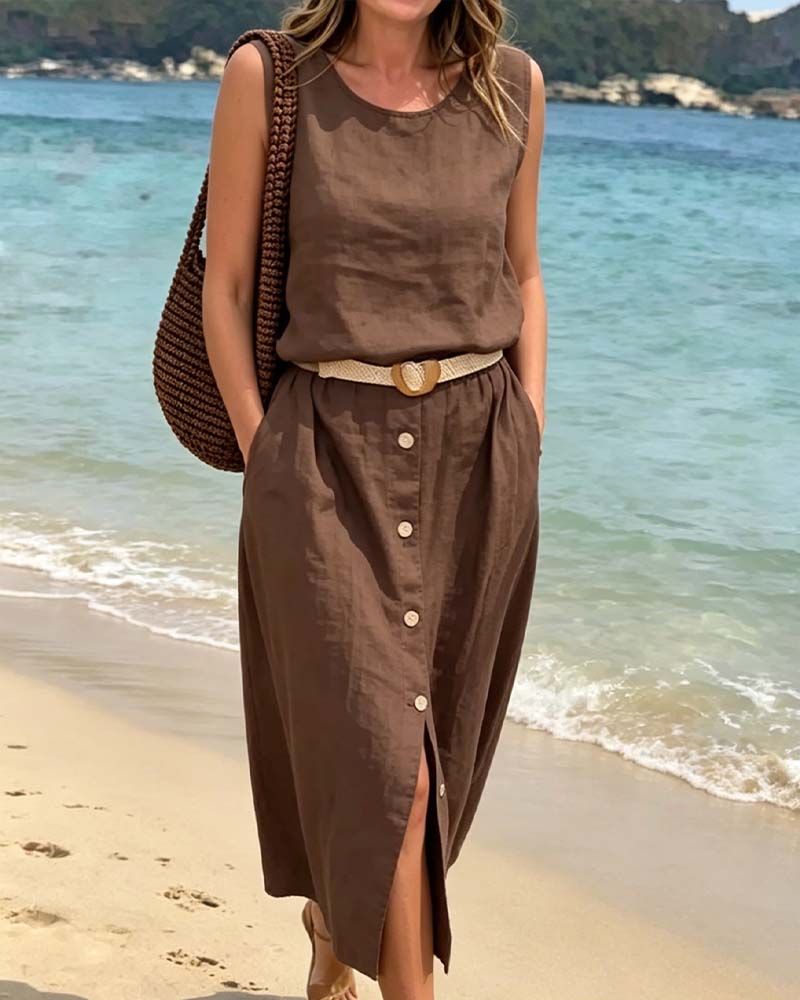Crew Neck Sleeveless Button Set
