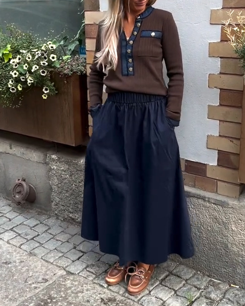 Color Block V-Neck Long Sleeve Top