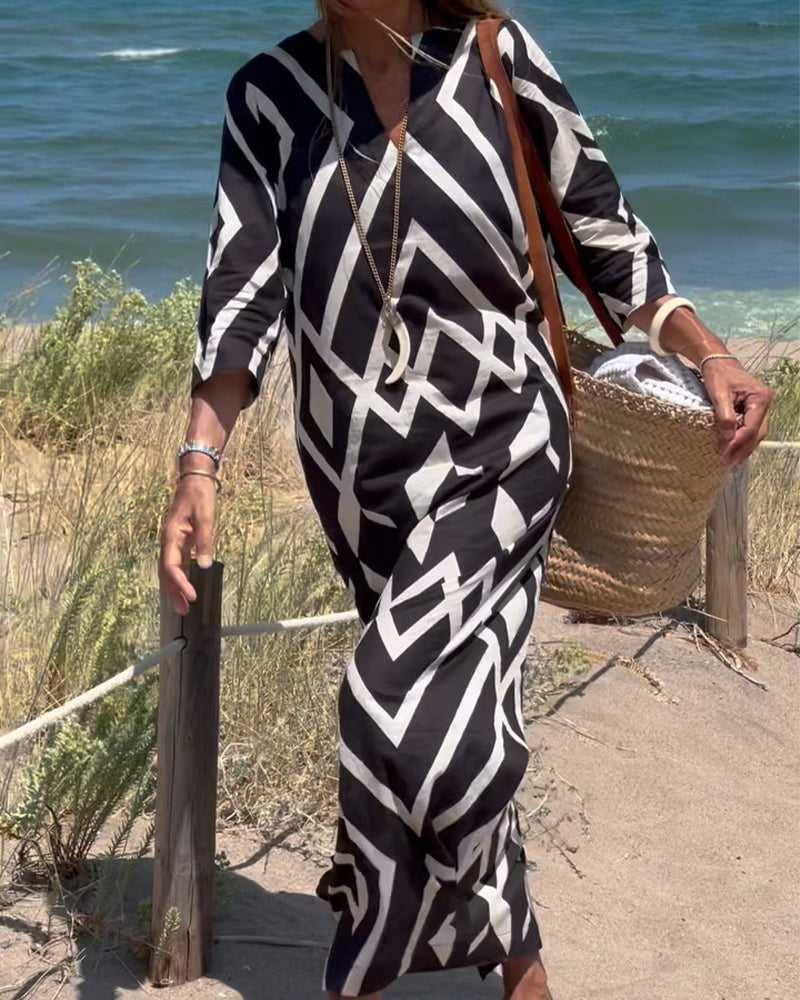 Diamond Pattern V-Neck Medium Sleeve Big Skirt Dress