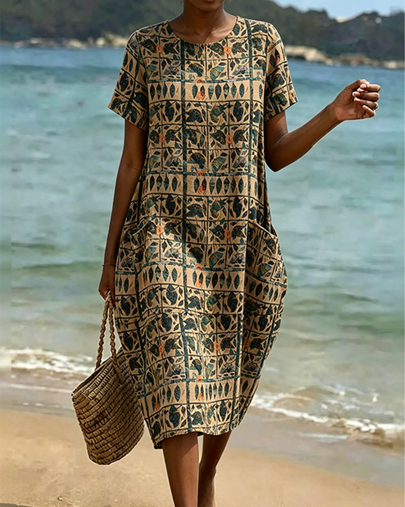 Vintage Crew Neck Pocket Dress