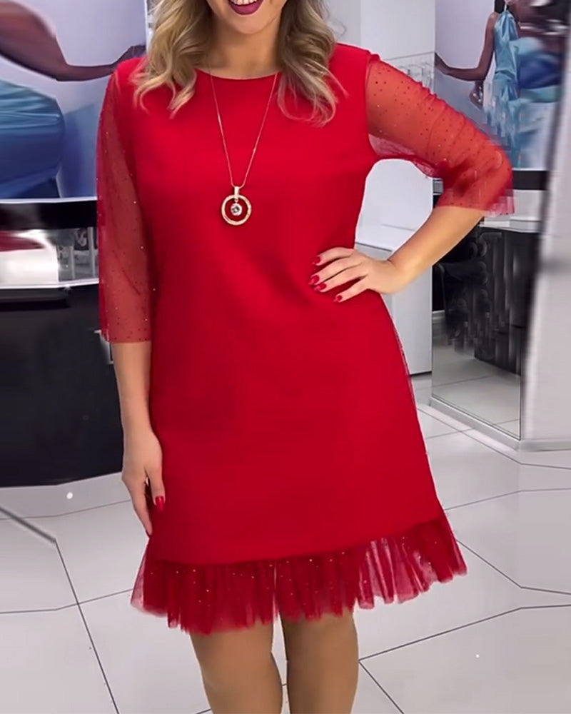 Solid color mesh stitching sequin dress