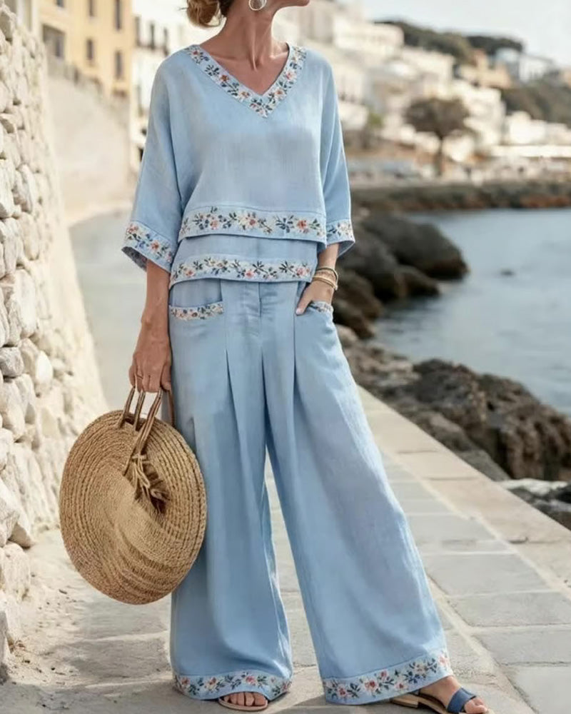 Printed V-Neck Top And Wide-Leg Pants Set