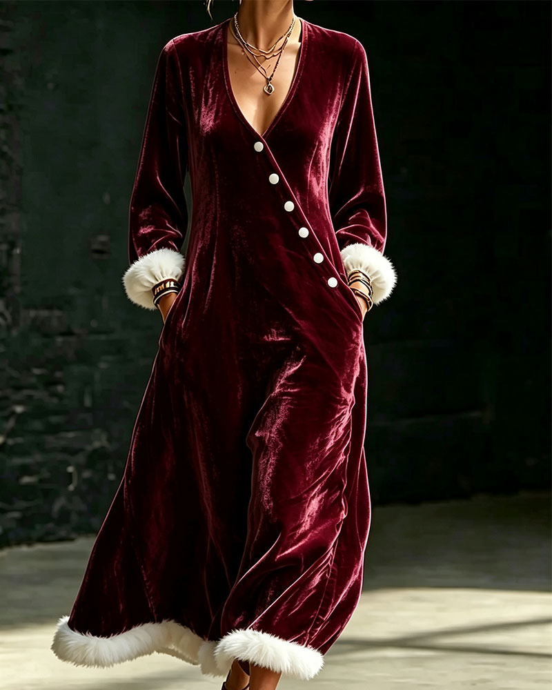 Velvet V-Neck Raw Edge Pocket Dress