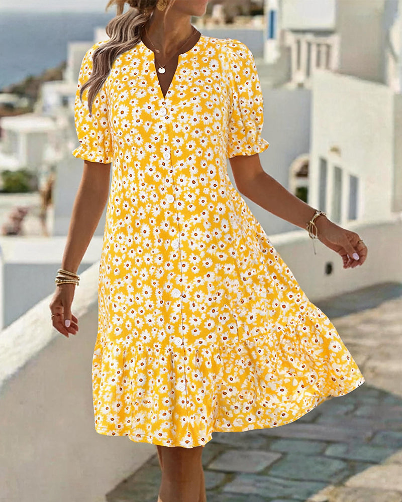 V-Neck Bubble Sleeve Daisy Dress
