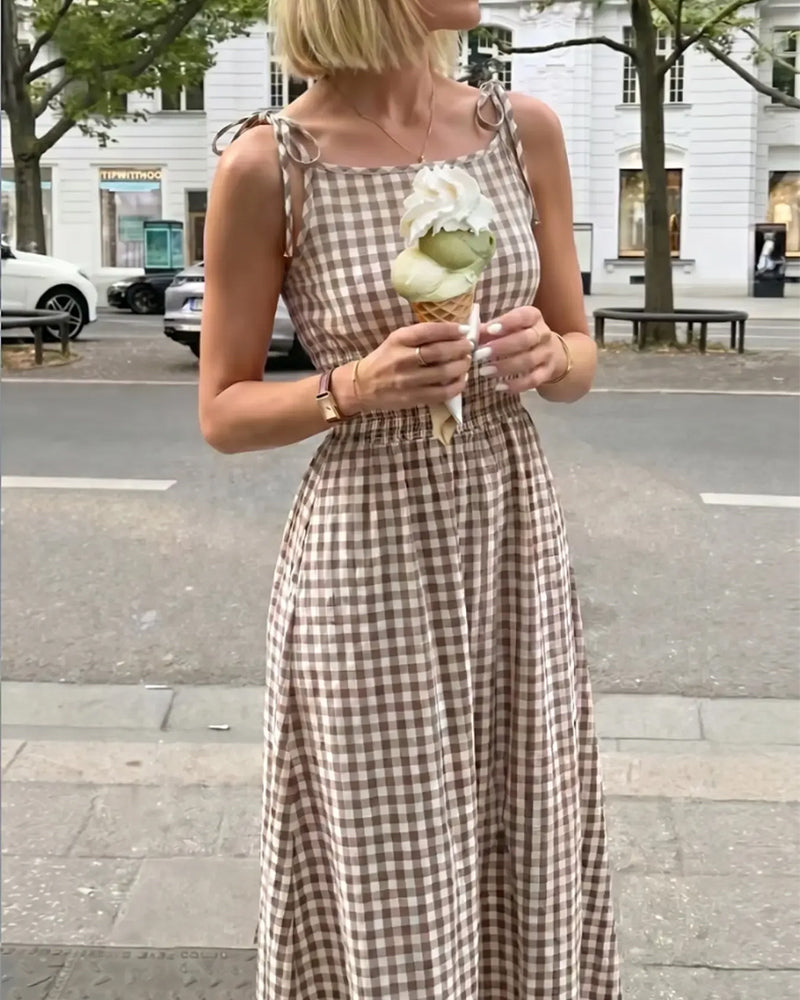 Lace-Up Plaid Suspender A-Line Dress