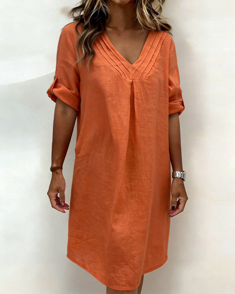 100% Cotton V-Neck Pleated Dress