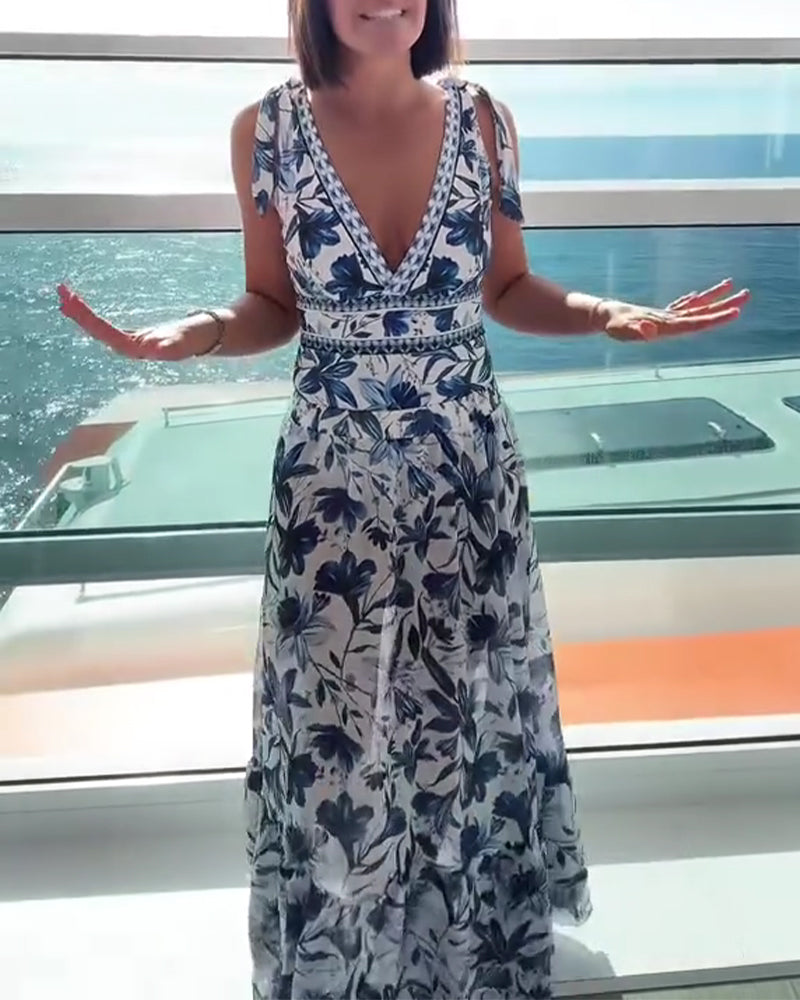 Vacation-Style Printed Deep V-Neck One-Piece Set