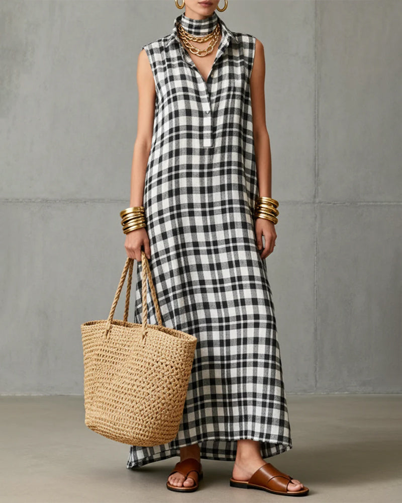 Sleeveless Buttoned Plaid Dress