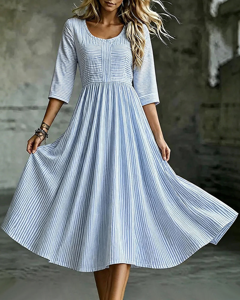 Striped Crew Neck High Waist Three-Quarter Sleeve Dress