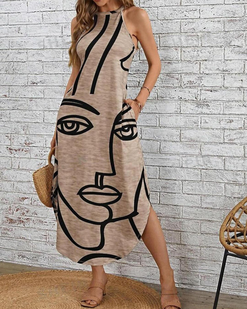 Sleeveless elegant dress with face print