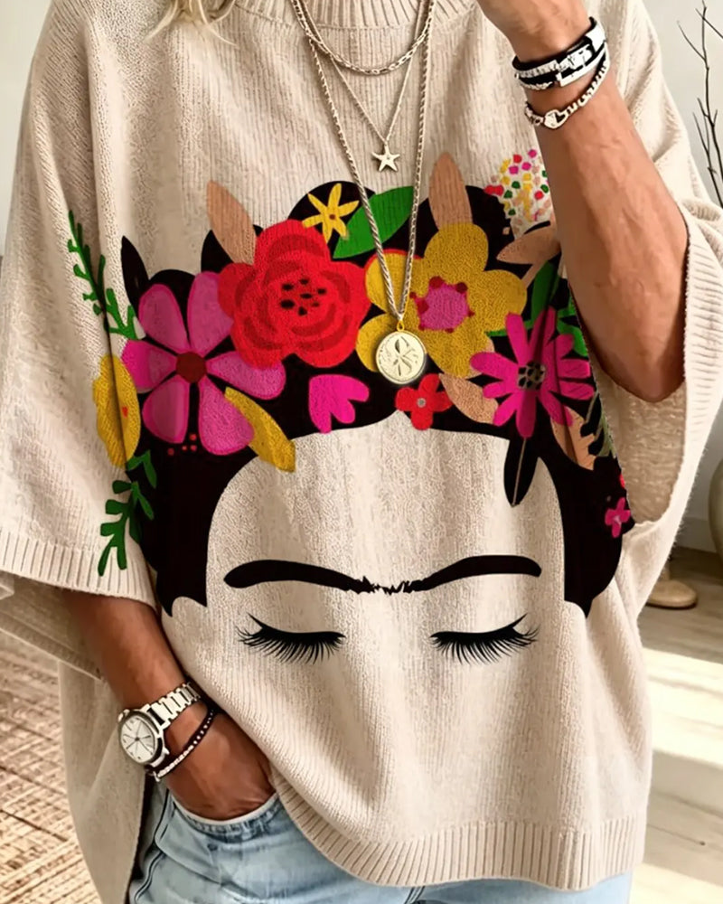 Loose Fit Face Floral Print Pullover