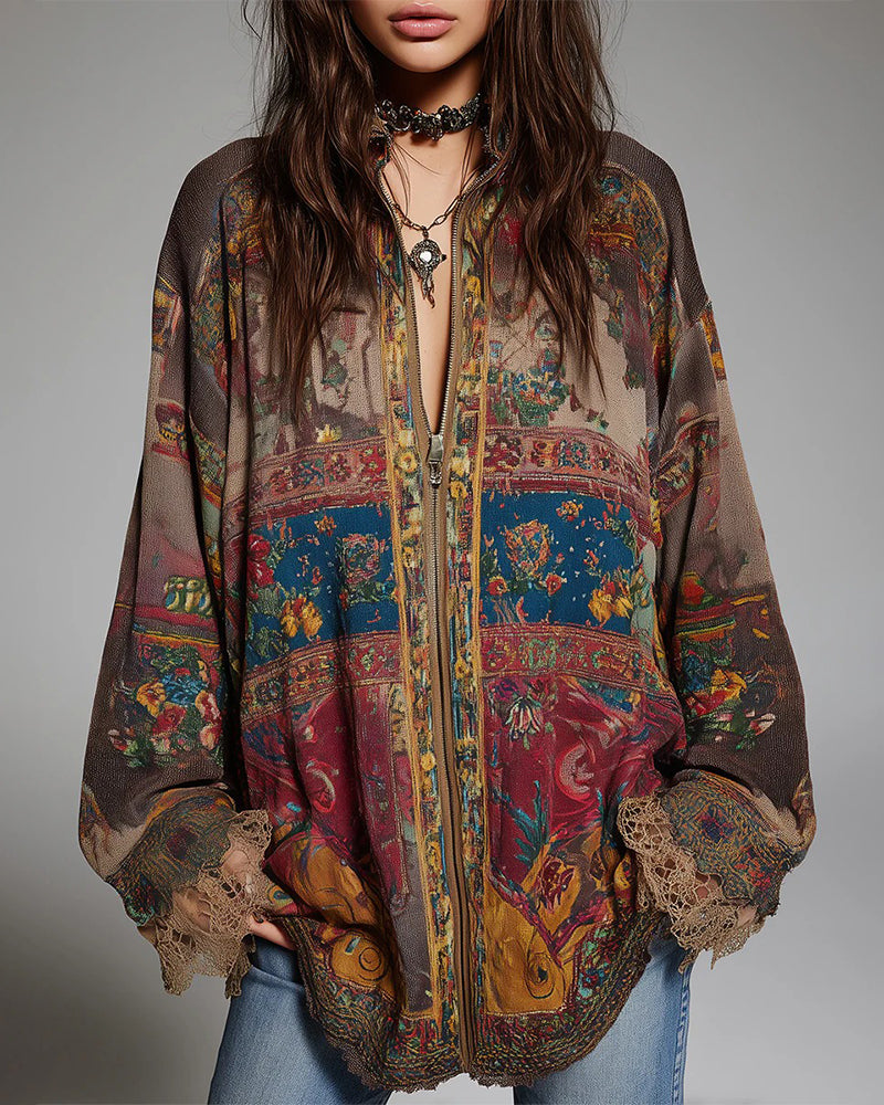 Lace Panels Floral Print Blouse