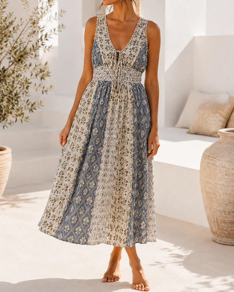 Sleeveless Floral Print Tie-Waist Dress