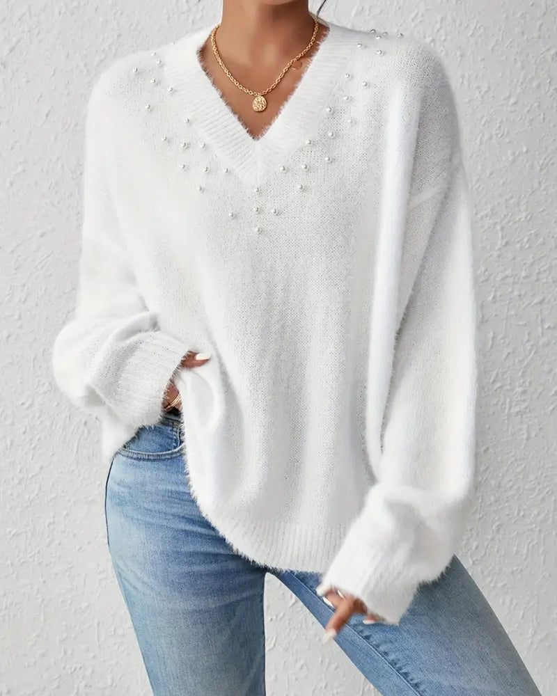 V-Neck Pearl Beaded Sweater