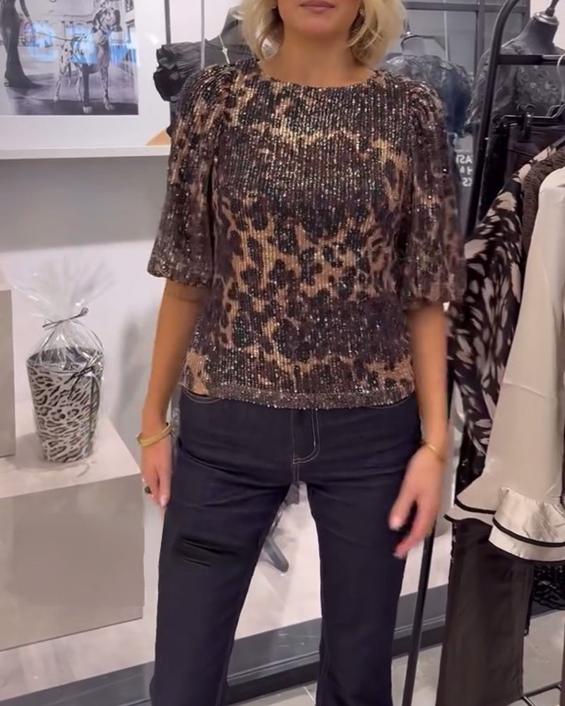 Lantern-Sleeve Sequined Leopard-Print Blouse