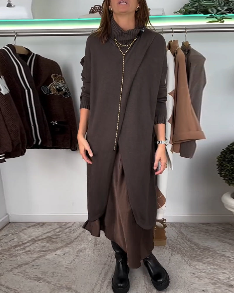 Fashion solid color high collar slit pullover