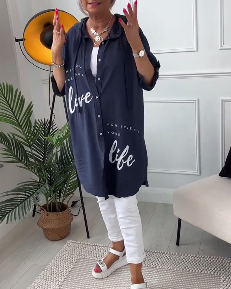 Hooded button-down coat with printed letters