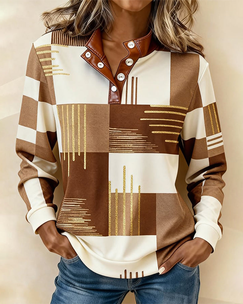 Stand-Collar Button-Front Color-Block Sweatshirt