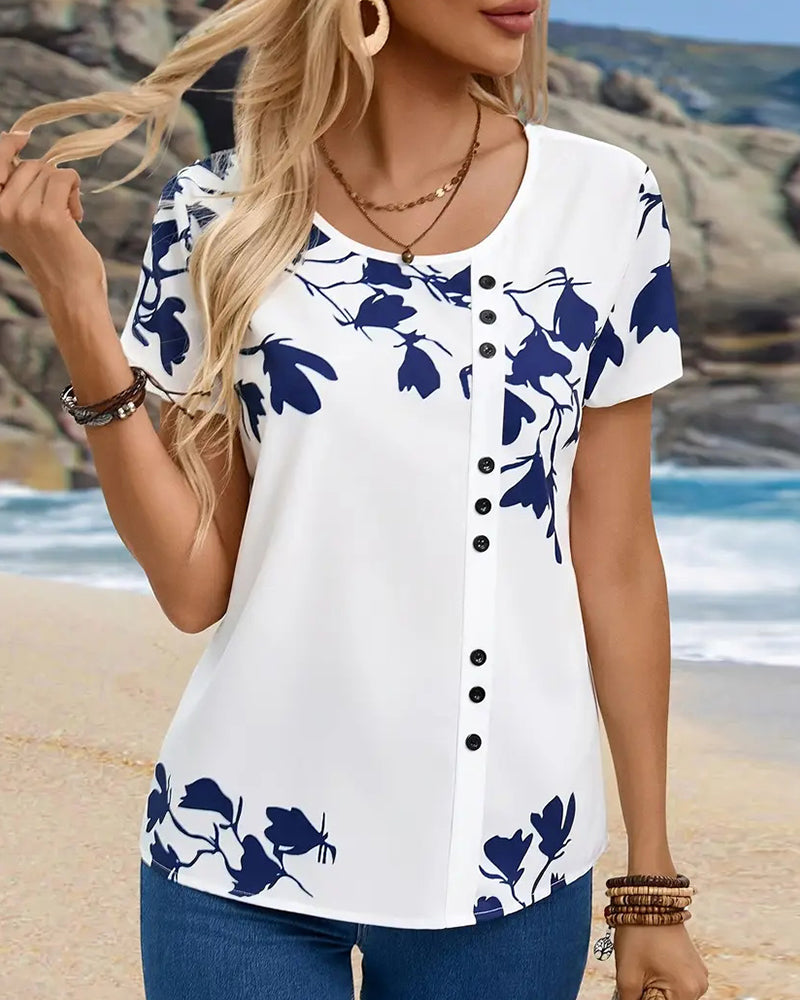 Casual Round Neck Irregular Print T-Shirt