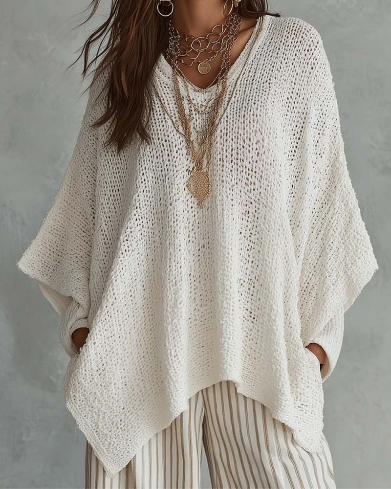 V-Neck Batwing Loose Pullover