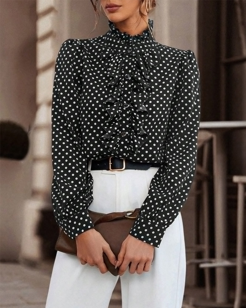 High-Neck Polka-Dot Ruffled Blouse