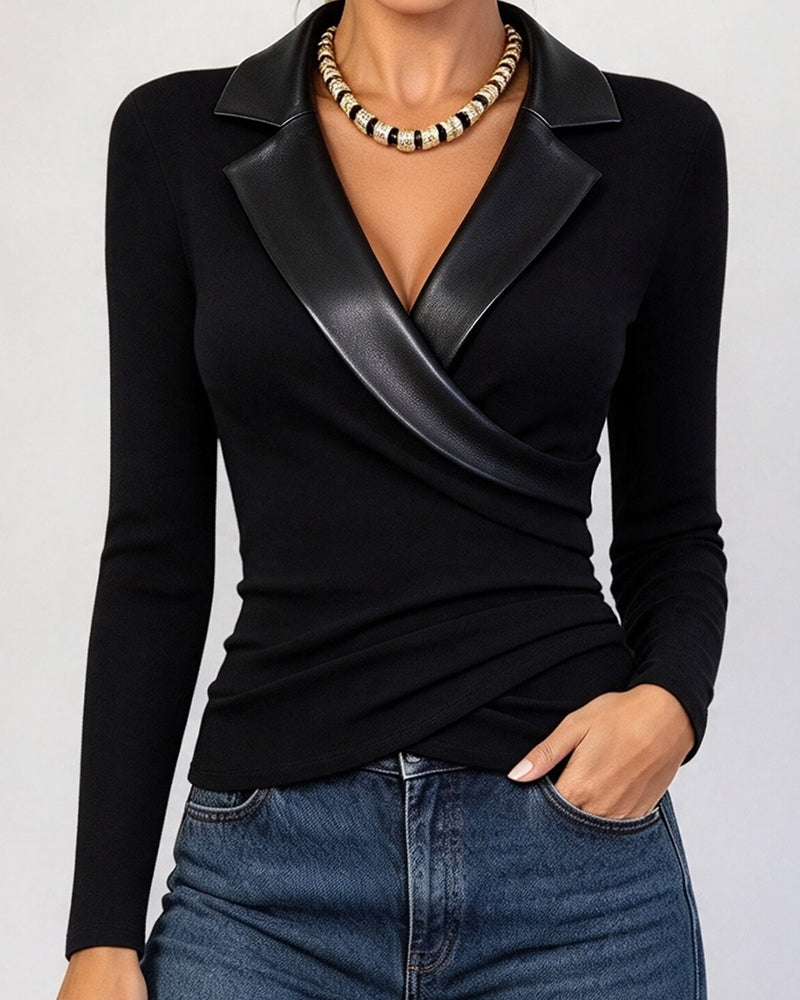 PU Lapel Cross Long Sleeve Top