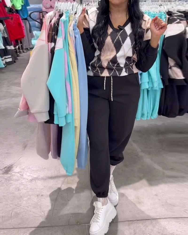 Diamond-Patterned Top And Trousers Two-Piece Set