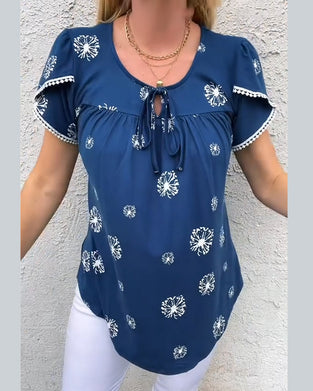 Petal Sleeve Print Tie-Dye Blouse